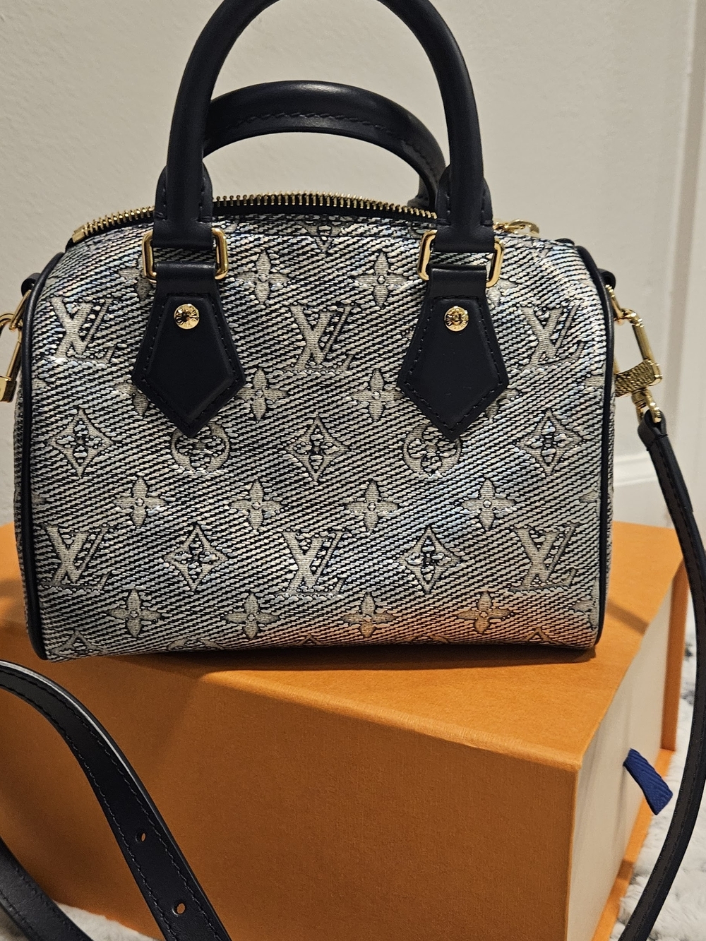 Authentic Louis Vuitton Silver and Blue Monogram Crossbody Bag With Reciepts